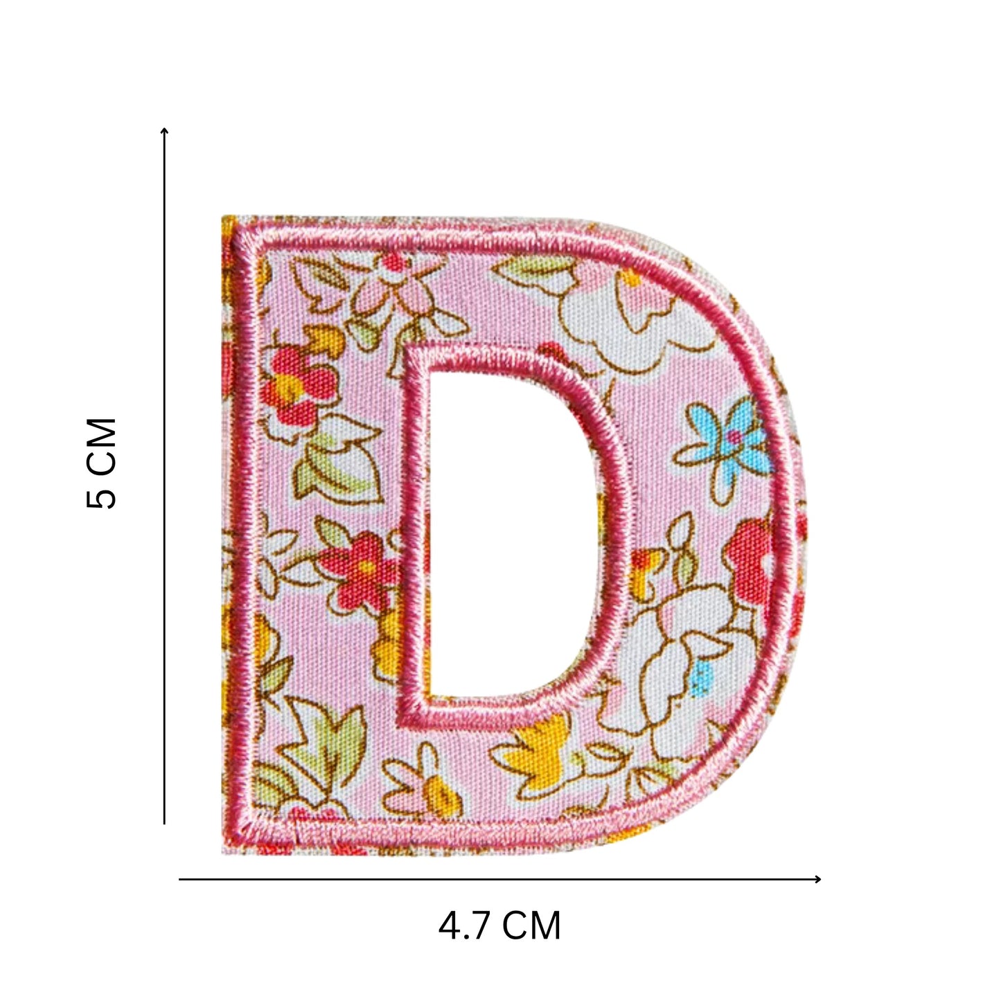 Floral Letter Patches – 5 cm Printed Fabric Alphabet with Embroidered Outline, Iron-On for Clothes & Hats