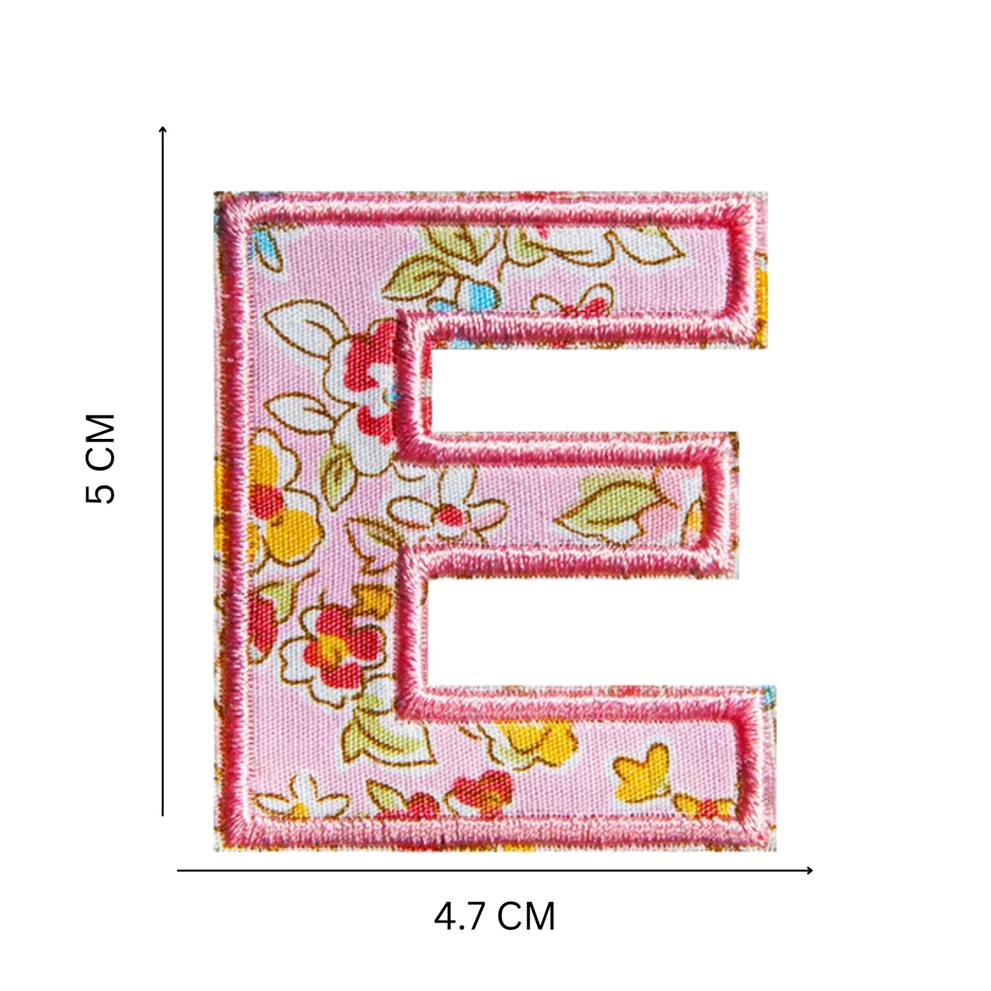 Floral Letter Patches – 5 cm Printed Fabric Alphabet with Embroidered Outline, Iron-On for Clothes & Hats
