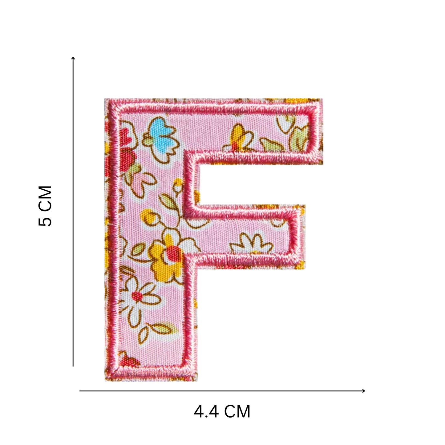 Floral Letter Patches – 5 cm Printed Fabric Alphabet with Embroidered Outline, Iron-On for Clothes & Hats