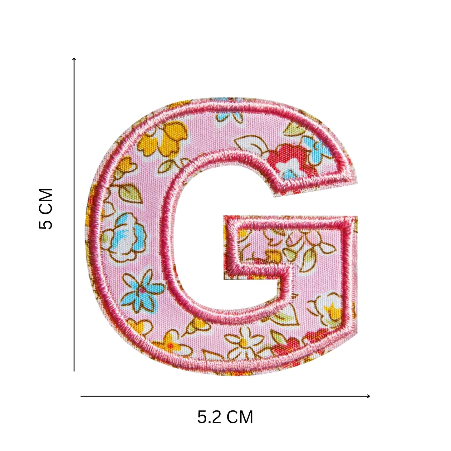 Floral Letter Patches – 5 cm Printed Fabric Alphabet with Embroidered Outline, Iron-On for Clothes & Hats