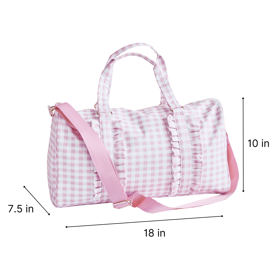 Gingham Ruffle Duffel Bag – Chic & Elegant, Perfect as a Dance Bag, Ballet Bag, Gym Bag, Weekend Bag, or Overnight Travel Bag, Personalizable with Letters and Fun Patches