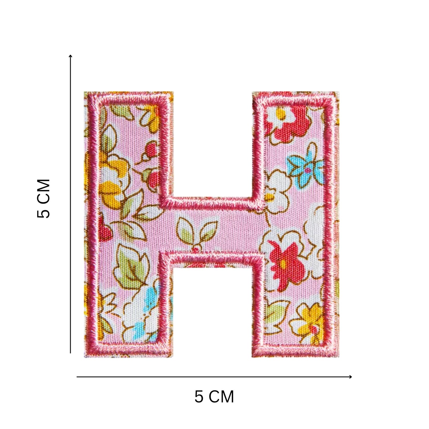 Floral Letter Patches – 5 cm Printed Fabric Alphabet with Embroidered Outline, Iron-On for Clothes & Hats