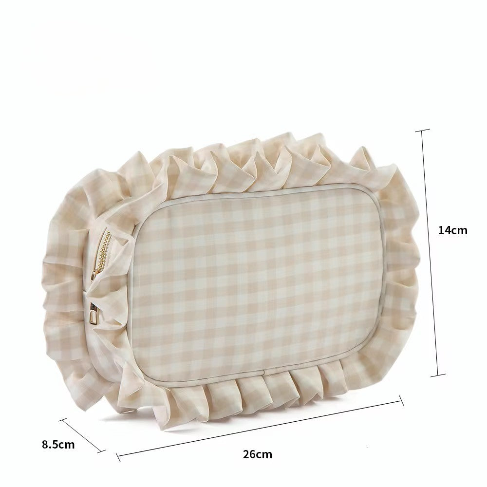Elegant & Spacious, Perfect for Makeup, Skincare, and Tech Essentials - Large Ruffle Gingham Pouch