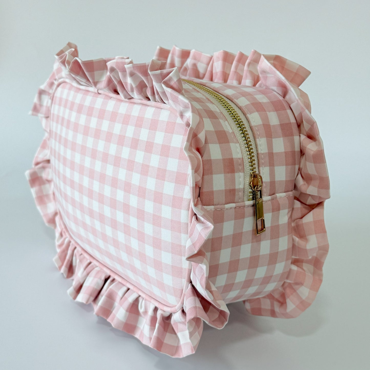 Elegant & Spacious, Perfect for Makeup, Skincare, and Tech Essentials - Large Ruffle Gingham Pouch