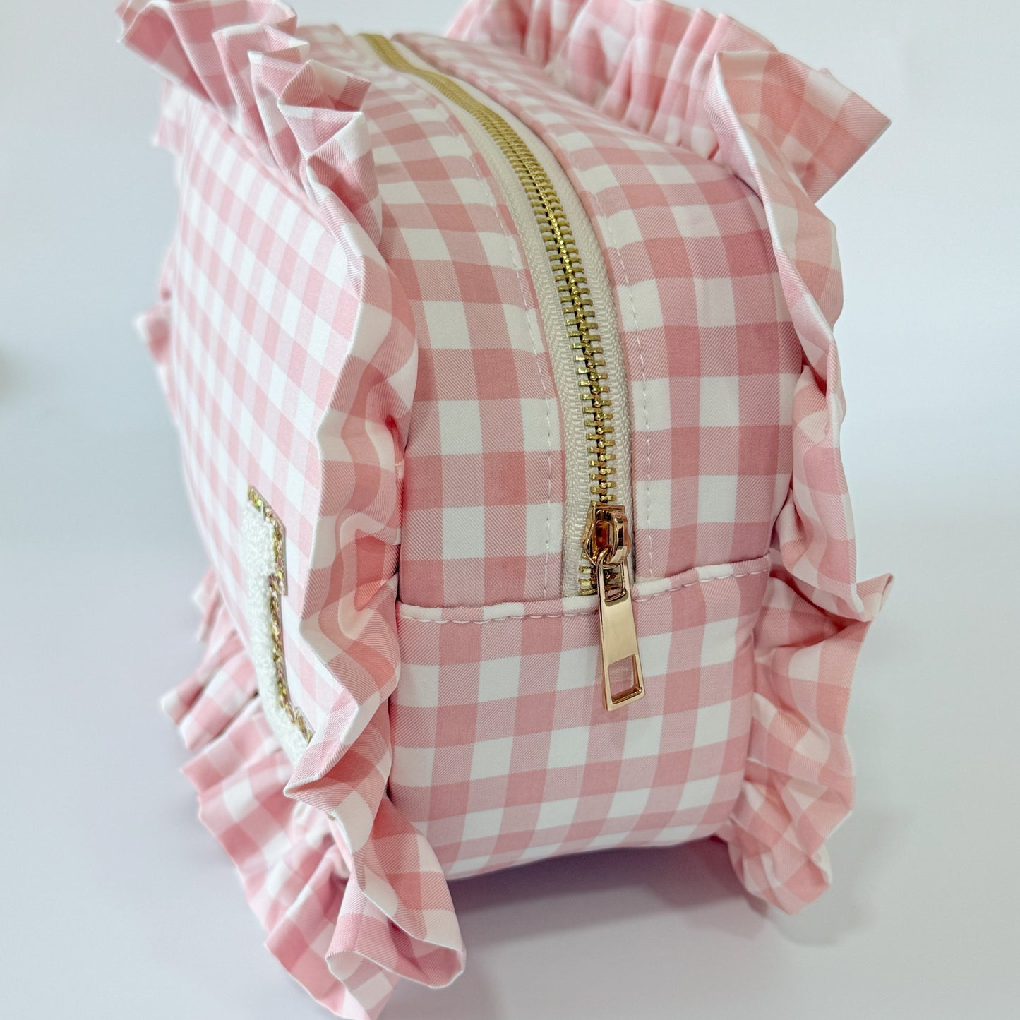 Elegant & Spacious, Perfect for Makeup, Skincare, and Tech Essentials - Large Ruffle Gingham Pouch
