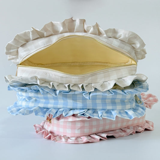 Elegant & Spacious, Perfect for Makeup, Skincare, and Tech Essentials - Large Ruffle Gingham Pouch