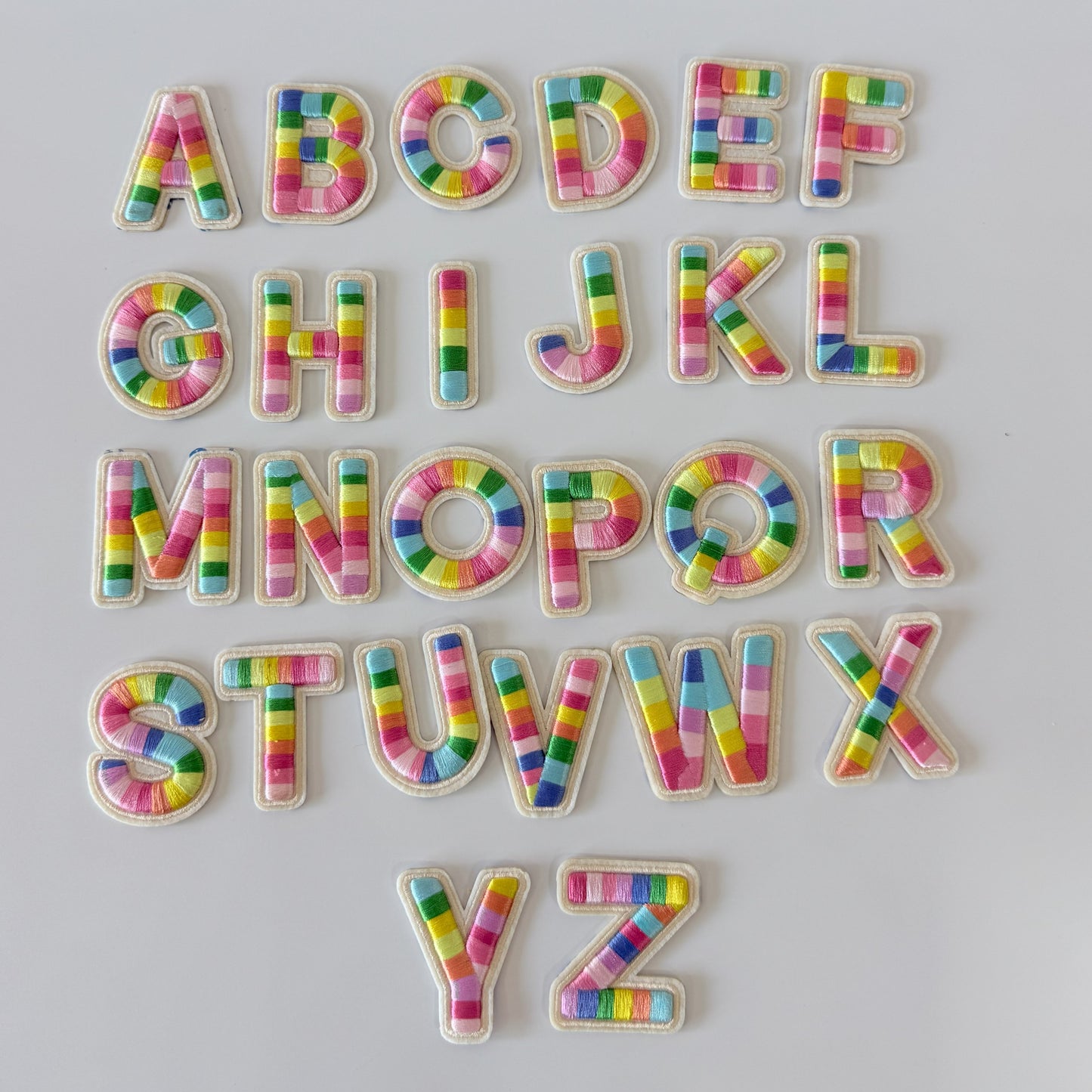 Iron-On/Self-Adhesive Exquisite 3D Stereo Embroidery Colorful Letter Patches, Full Set A-Z, Size 5.5 cm (2.17 inches) approximately