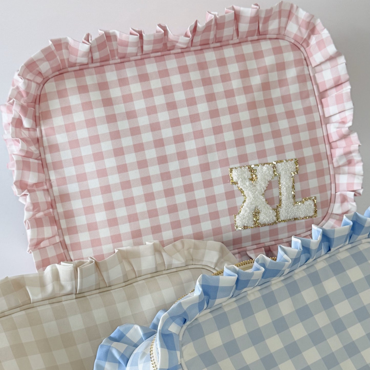 Chic & Spacious for Clothing, Hair Tools & Larger Essentials - Extra Large Ruffle Gingham Pouch