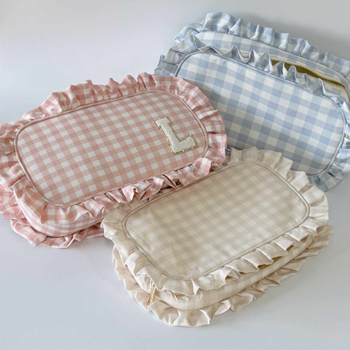 Elegant & Spacious, Perfect for Makeup, Skincare, and Tech Essentials - Large Ruffle Gingham Pouch