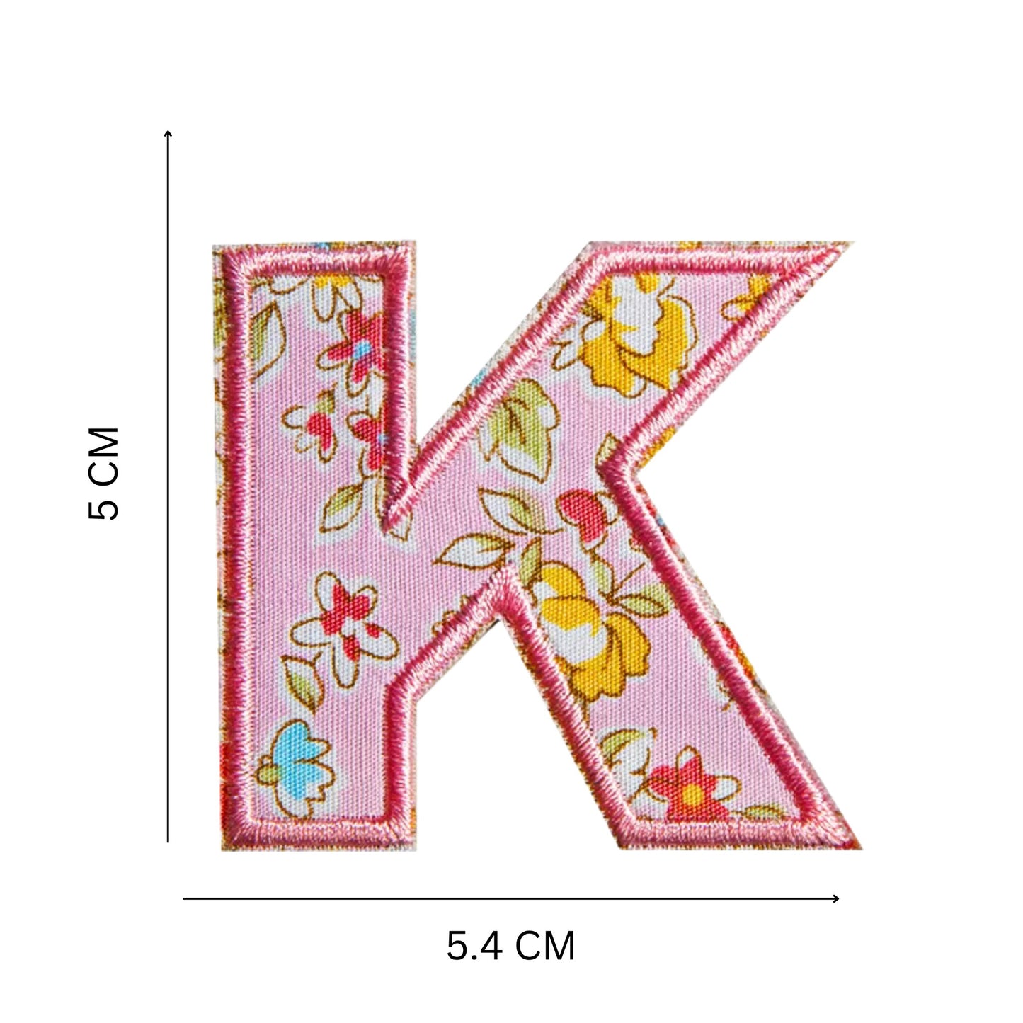 Floral Letter Patches – 5 cm Printed Fabric Alphabet with Embroidered Outline, Iron-On for Clothes & Hats