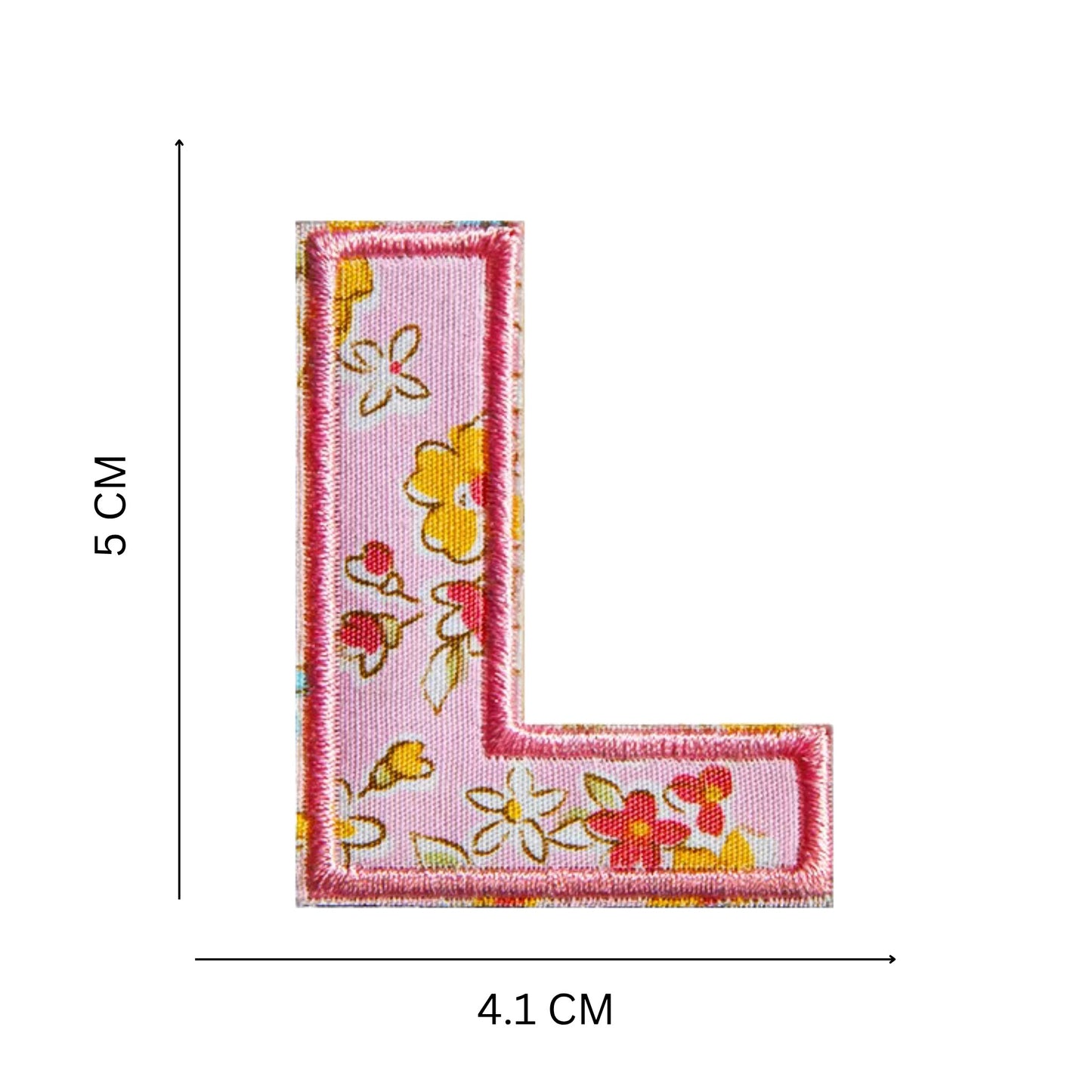 Floral Letter Patches – 5 cm Printed Fabric Alphabet with Embroidered Outline, Iron-On for Clothes & Hats