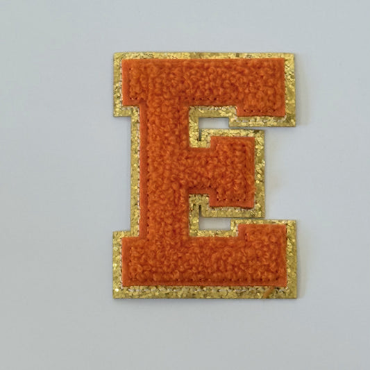 Iron On/Sew On 8cm Glitter Gold Edge Colorful Embroidered Letter "E"