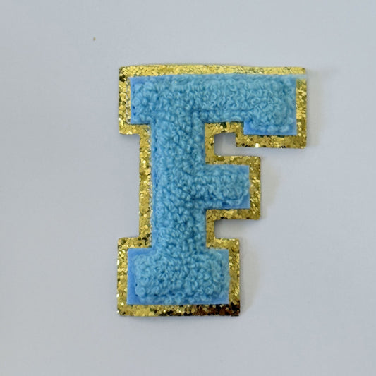 Iron On/Sew On 8cm Glitter Gold Edge Colorful Embroidered Letter "F"