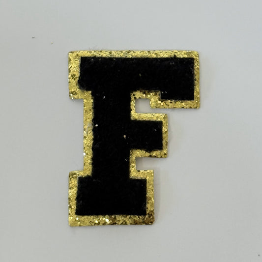 Iron On/Sew On 8cm Glitter Gold Edge Colorful Embroidered Letter "F"