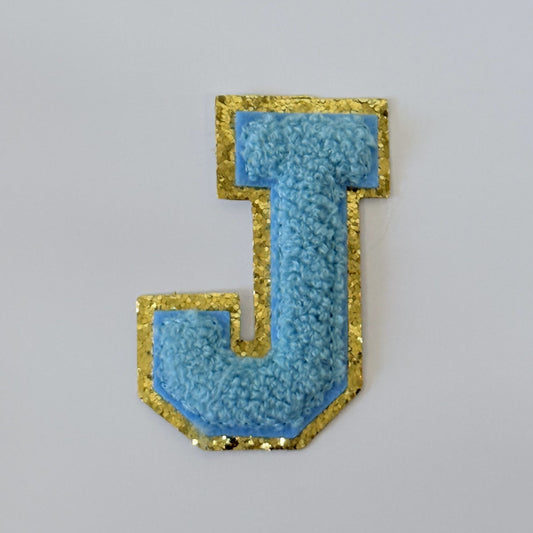 Iron On/Sew On 8cm Glitter Gold Edge Colorful Embroidered Letter "J"