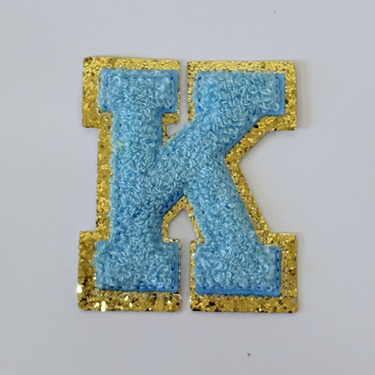 Iron On/Sew On 8cm Glitter Gold Edge Colorful Embroidered Letter "K''