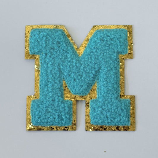 Iron On/Sew On 8cm Glitter Gold Edge Colorful Embroidered Letter "M''