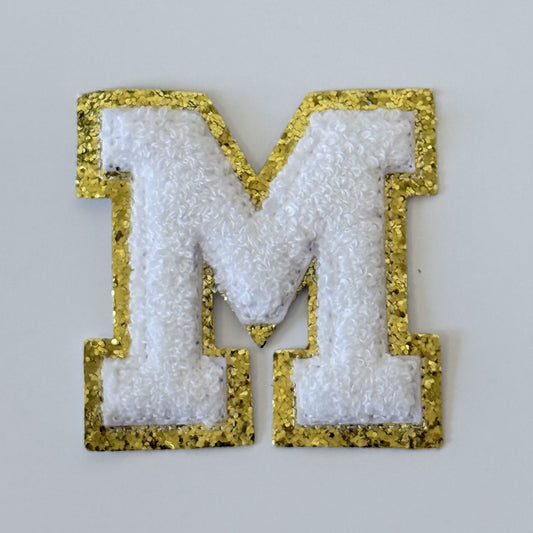 Iron On/Sew On 8cm Glitter Gold Edge Colorful Embroidered Letter "M''