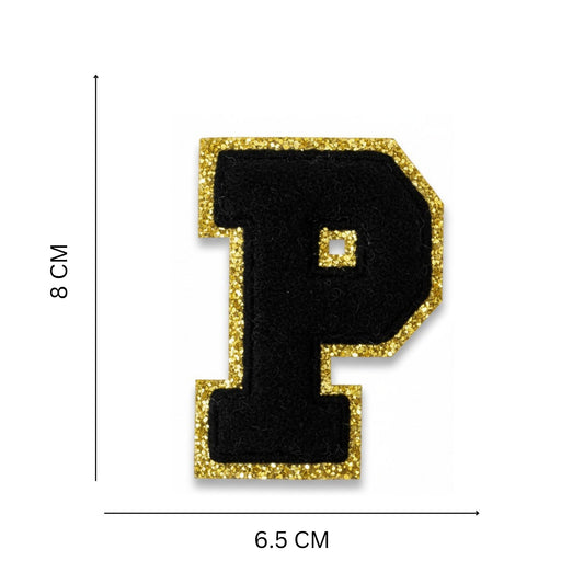 Iron On/Sew On 8cm Glitter Gold Edge Colorful Embroidered Letter "P''