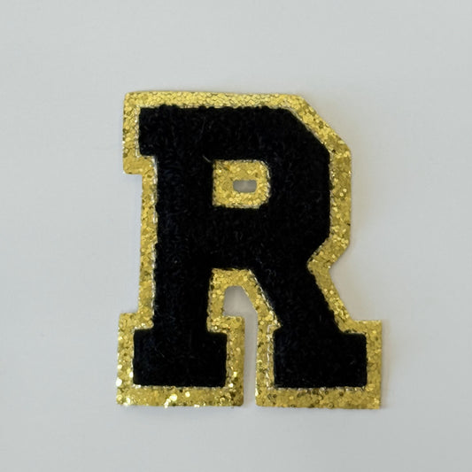 Iron On/Sew On 8cm Glitter Gold Edge Colorful Embroidered Letter "R''