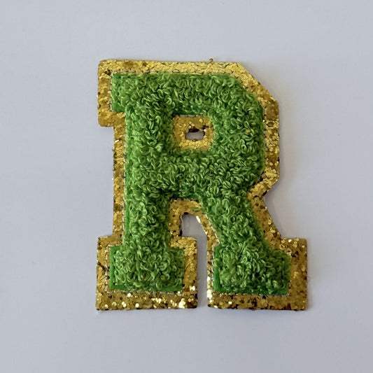 Iron On/Sew On 8cm Glitter Gold Edge Colorful Embroidered Letter "R''
