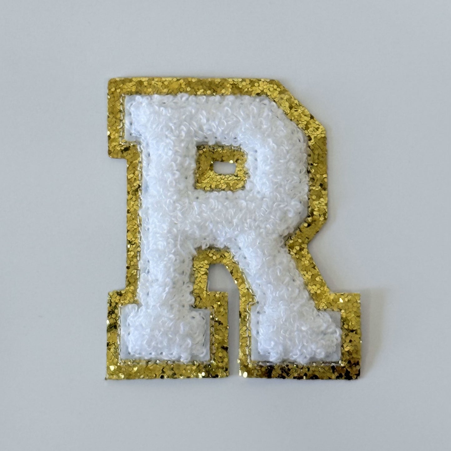 Iron On/Sew On 8cm Glitter Gold Edge Colorful Embroidered Letter "R''