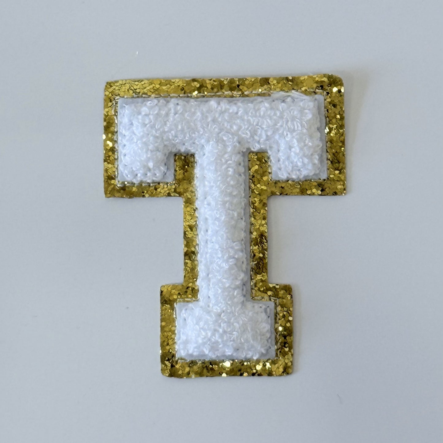 Iron On/Sew On 8cm Glitter Gold Edge Colorful Embroidered Letter "T''