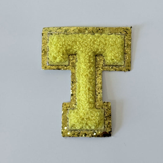 Iron On/Sew On 8cm Glitter Gold Edge Colorful Embroidered Letter "T''