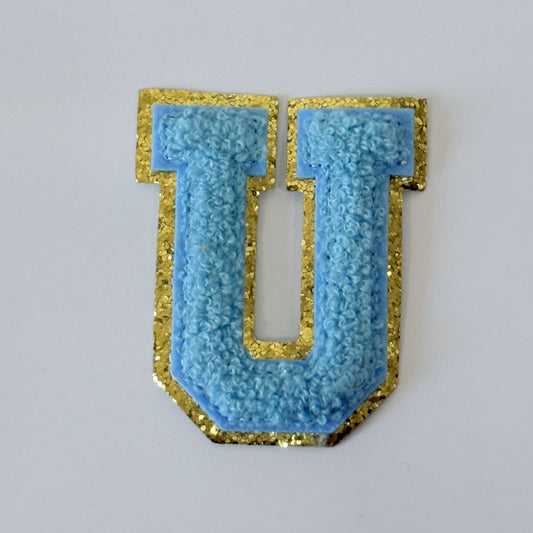 Iron On/Sew On 8cm Glitter Gold Edge Colorful Embroidered Letter "U''