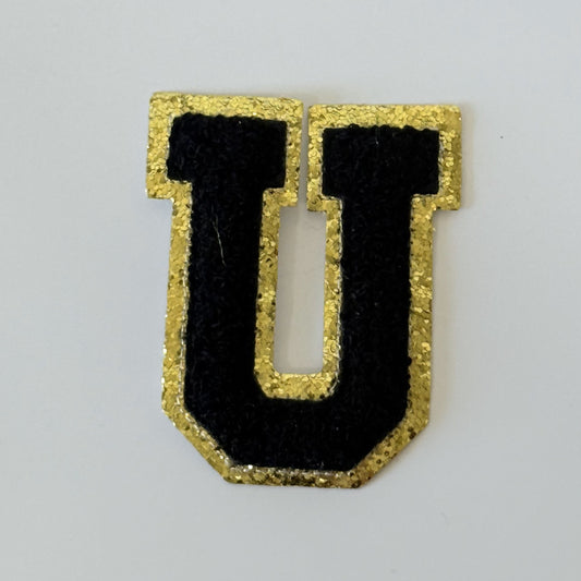 Iron On/Sew On 8cm Glitter Gold Edge Colorful Embroidered Letter "U''
