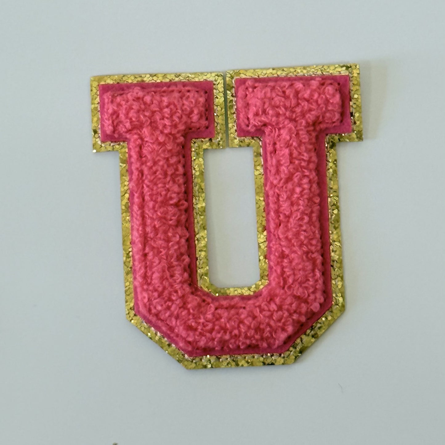 Iron On/Sew On 8cm Glitter Gold Edge Colorful Embroidered Letter "U''