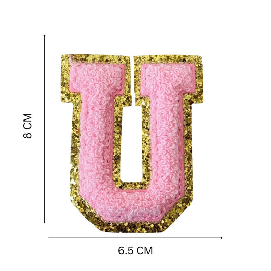 Iron On/Sew On 8cm Glitter Gold Edge Colorful Embroidered Letter "U''