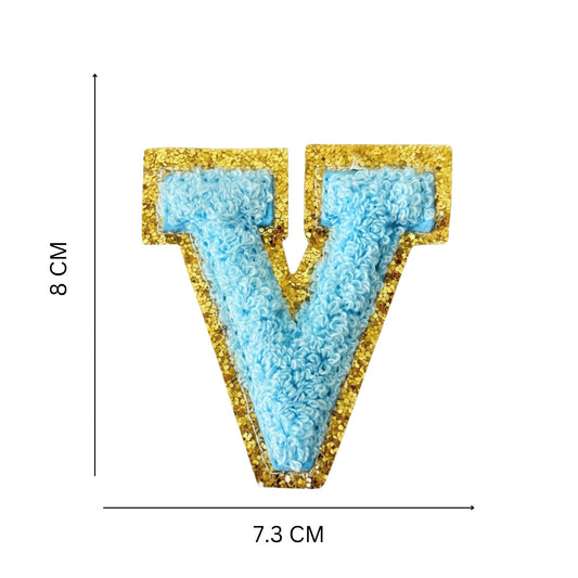 Iron On/Sew On 8cm Glitter Gold Edge Colorful Embroidered Letter "V''