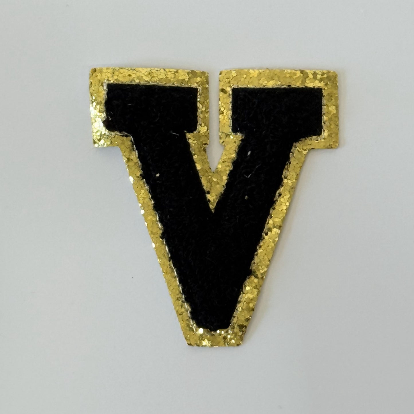 Iron On/Sew On 8cm Glitter Gold Edge Colorful Embroidered Letter "V''