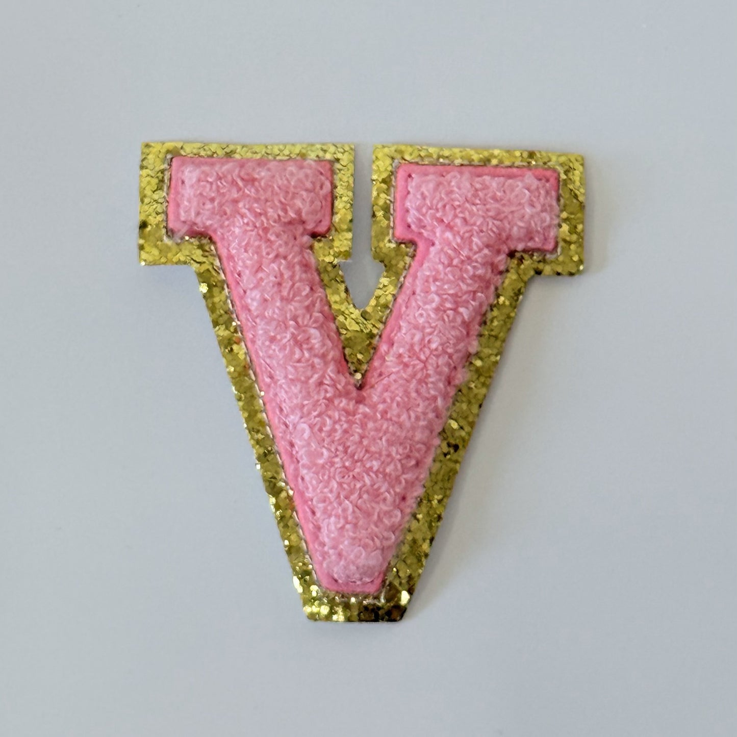 Iron On/Sew On 8cm Glitter Gold Edge Colorful Embroidered Letter "V''