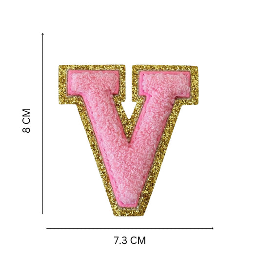 Iron On/Sew On 8cm Glitter Gold Edge Colorful Embroidered Letter "V''