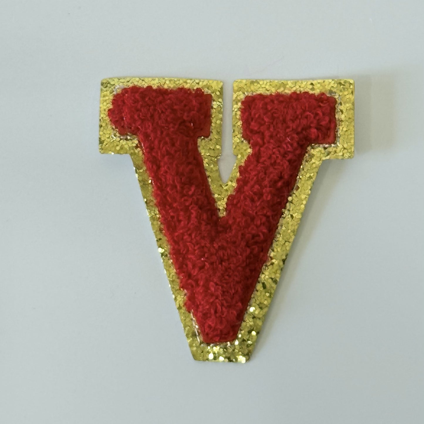 Iron On/Sew On 8cm Glitter Gold Edge Colorful Embroidered Letter "V''