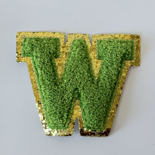 Iron On/Sew On 8cm Glitter Gold Edge Colorful Embroidered Letter "W''