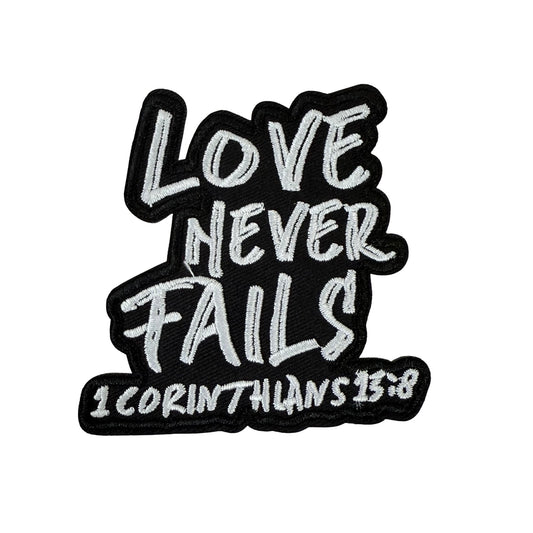 Love Never Fails Embroidered Patch – Easy Iron-On Applique for Denim, Totes, Caps & More (7.5 x 7.5 cm)