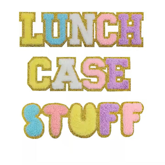 Iron-On/ Sew On Chenille Patch - Words "Stuff", "Lunch", "Case"