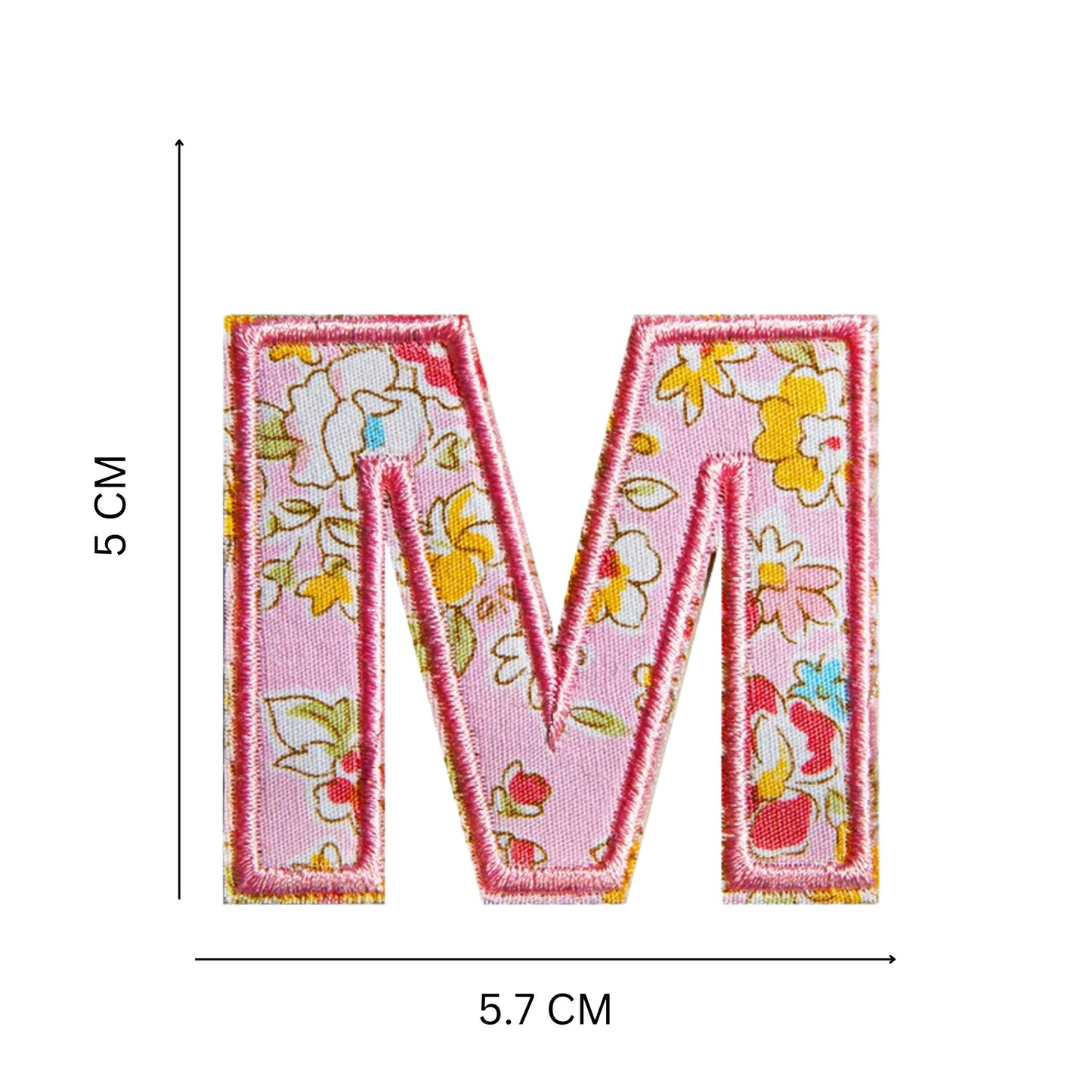 Floral Letter Patches – 5 cm Printed Fabric Alphabet with Embroidered Outline, Iron-On for Clothes & Hats