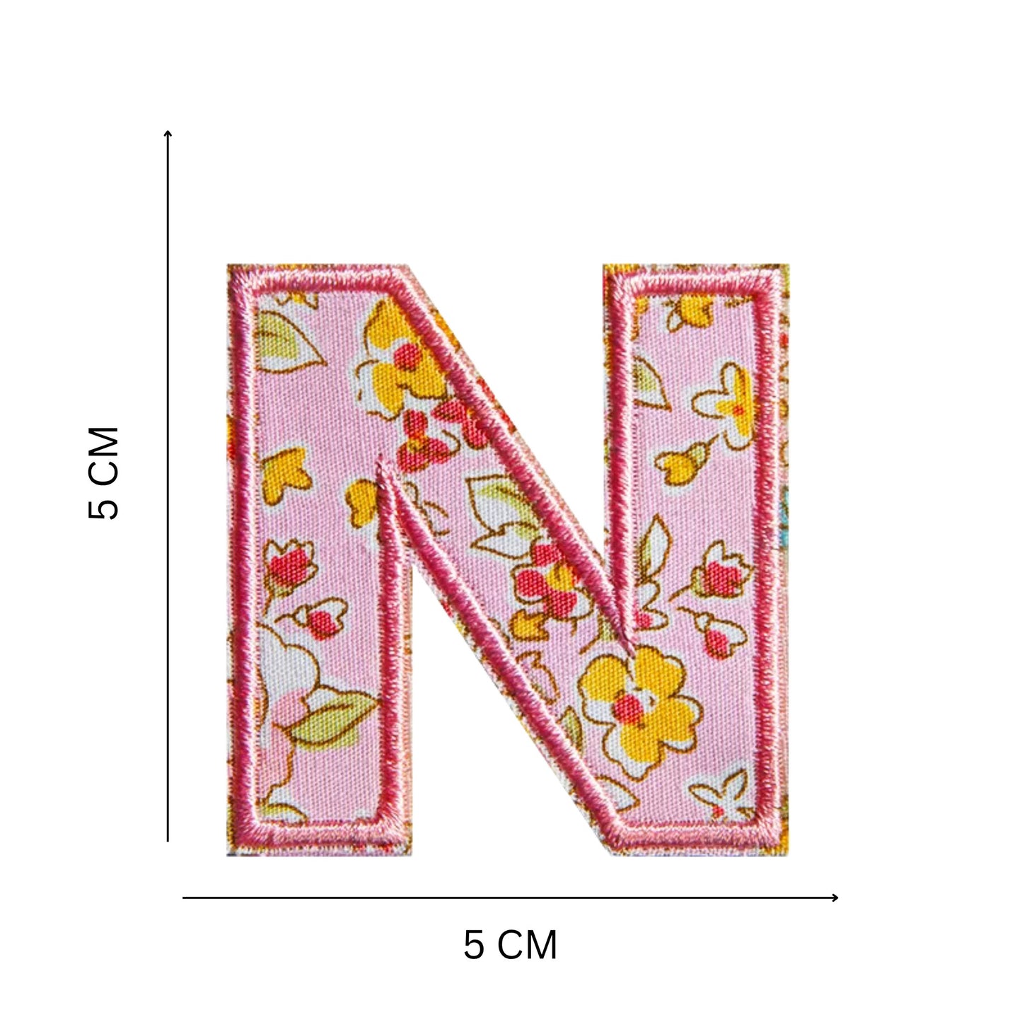 Floral Letter Patches – 5 cm Printed Fabric Alphabet with Embroidered Outline, Iron-On for Clothes & Hats