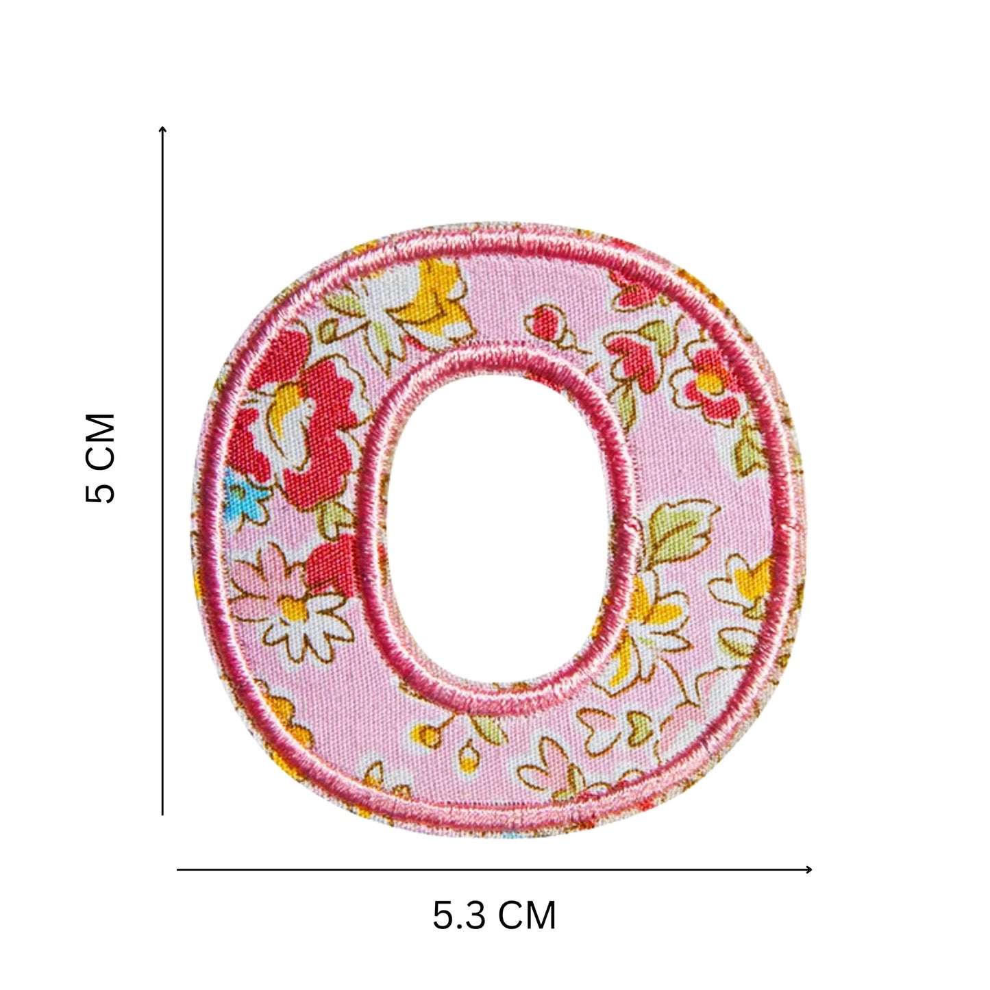 Floral Letter Patches – 5 cm Printed Fabric Alphabet with Embroidered Outline, Iron-On for Clothes & Hats