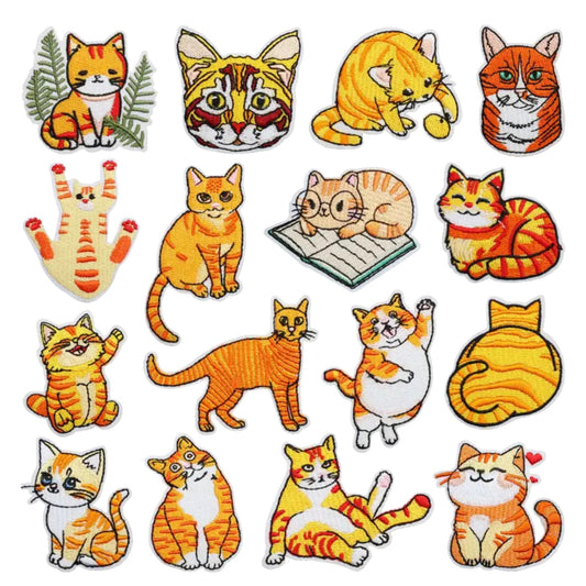 Orange Cat Lover’s Embroidered Iron-On Patch Set – 16 Adorable Designs for DIY Customization