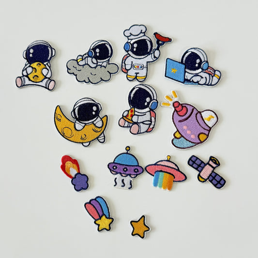 Self-Adhesive/ Iron-On Set of 13 Cute Astronauts, Spaceship, and Star Embroidery Patches for Clothes and Accessories