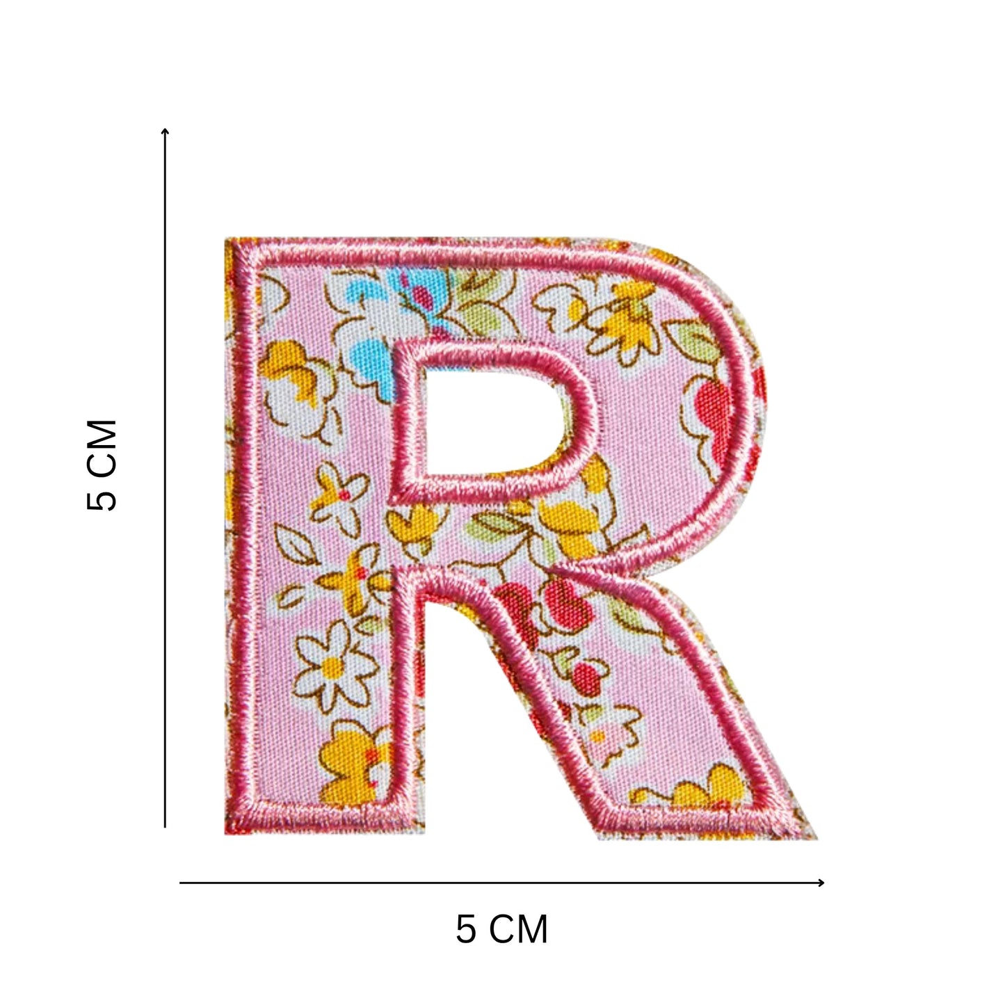 Floral Letter Patches – 5 cm Printed Fabric Alphabet with Embroidered Outline, Iron-On for Clothes & Hats