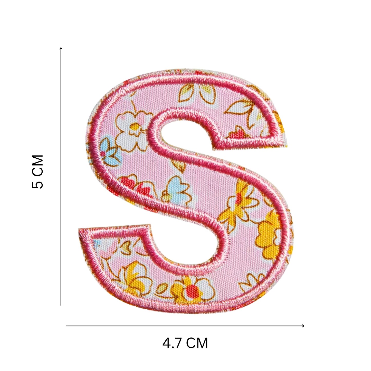 Floral Letter Patches – 5 cm Printed Fabric Alphabet with Embroidered Outline, Iron-On for Clothes & Hats