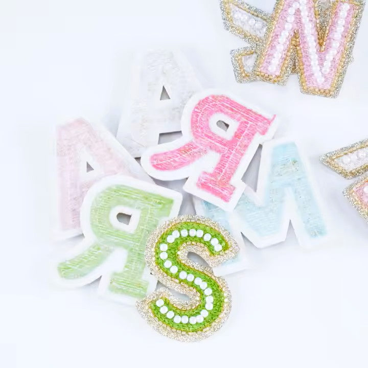 Iron On/Sew On Premium Quality Glitter Pearl Letters Patches, Size 6.5 Cm Height