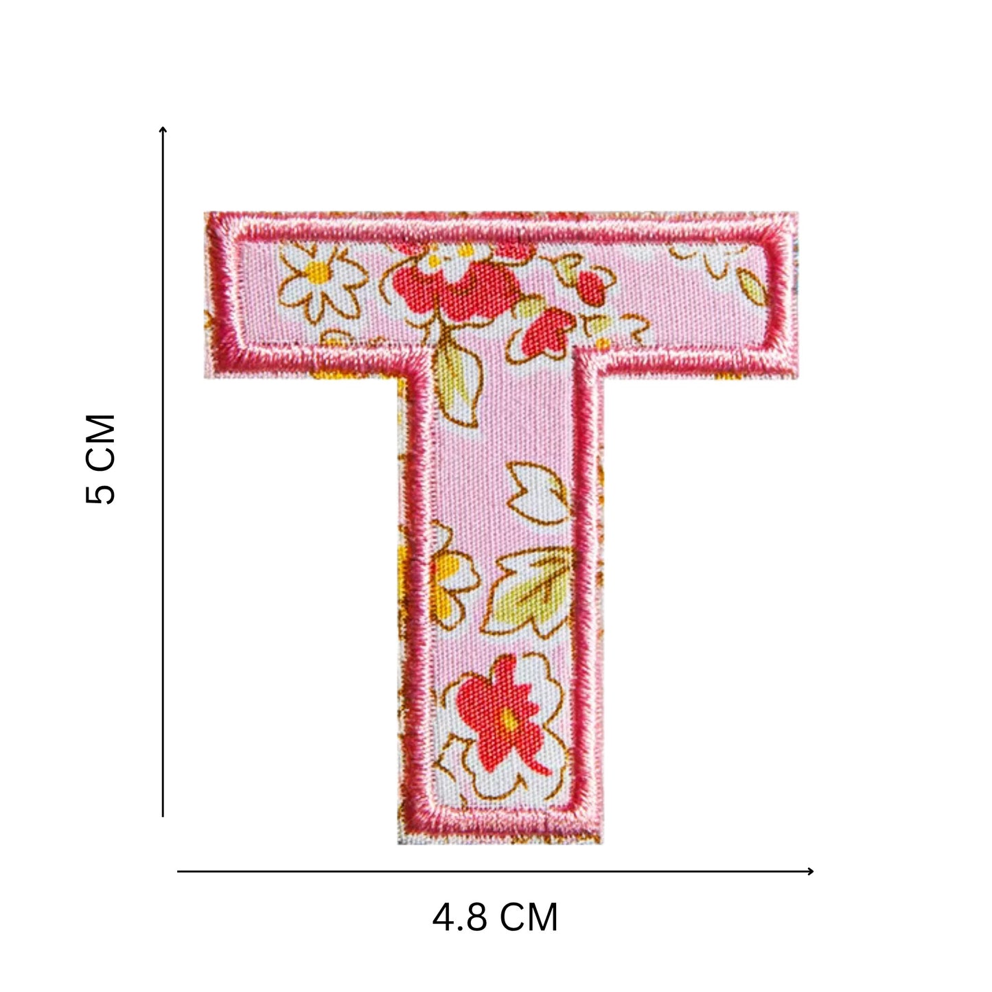 Floral Letter Patches – 5 cm Printed Fabric Alphabet with Embroidered Outline, Iron-On for Clothes & Hats