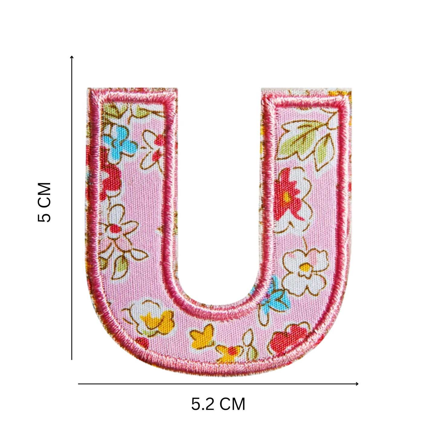 Floral Letter Patches – 5 cm Printed Fabric Alphabet with Embroidered Outline, Iron-On for Clothes & Hats
